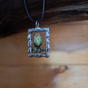 Silver Framed Yellow Rose Bud Pendant Necklace Silver Soldered Lead Free